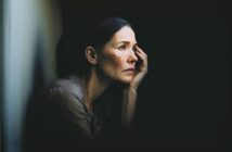 A woman with dark hair rests her face on her hand, gazing pensively out of a window with a somber expression. Soft light illuminates her face, highlighting her thoughtful mood against a dark background.