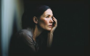 A woman with dark hair rests her face on her hand, gazing pensively out of a window with a somber expression. Soft light illuminates her face, highlighting her thoughtful mood against a dark background.