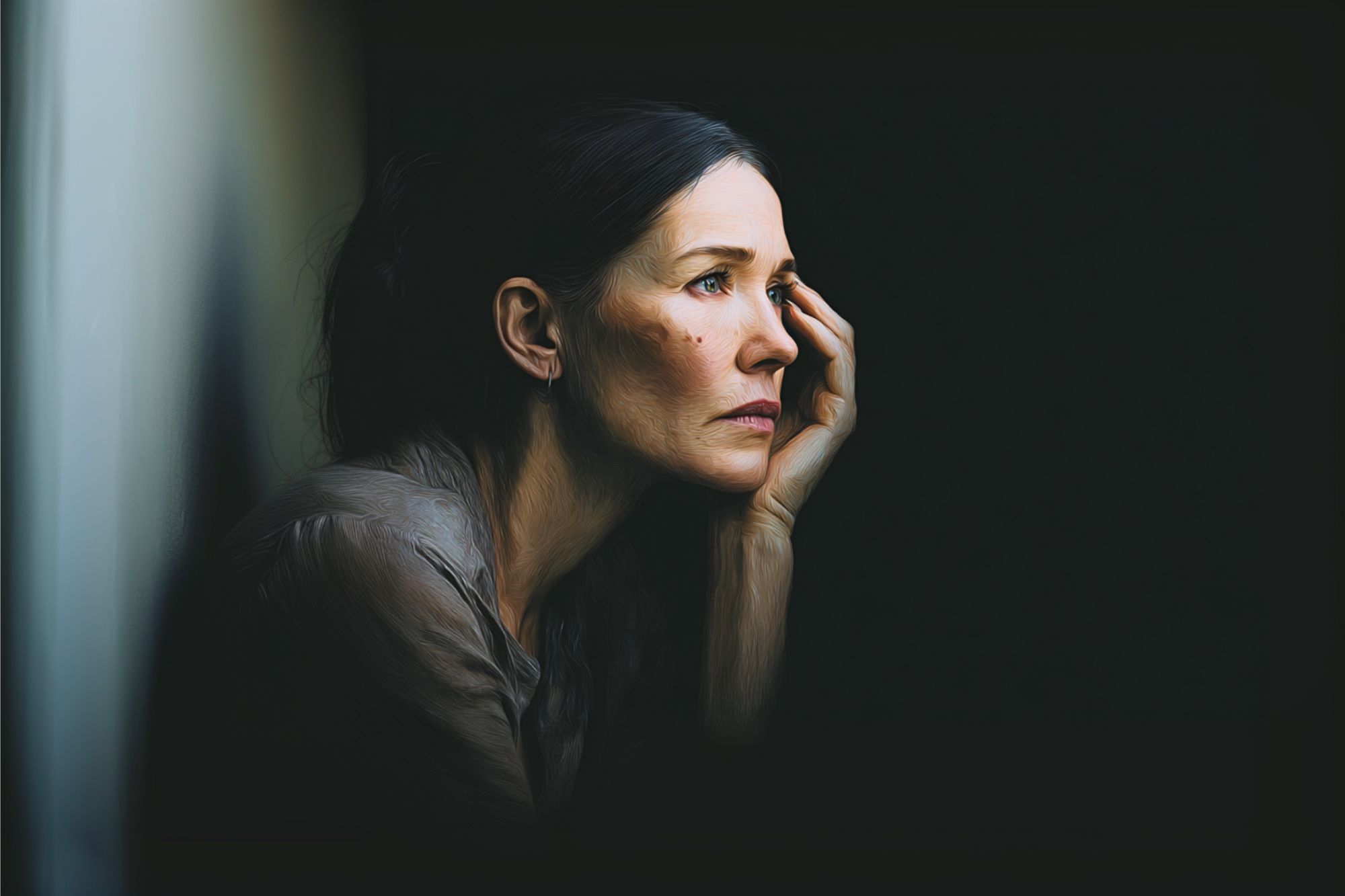 A woman with dark hair rests her face on her hand, gazing pensively out of a window with a somber expression. Soft light illuminates her face, highlighting her thoughtful mood against a dark background.