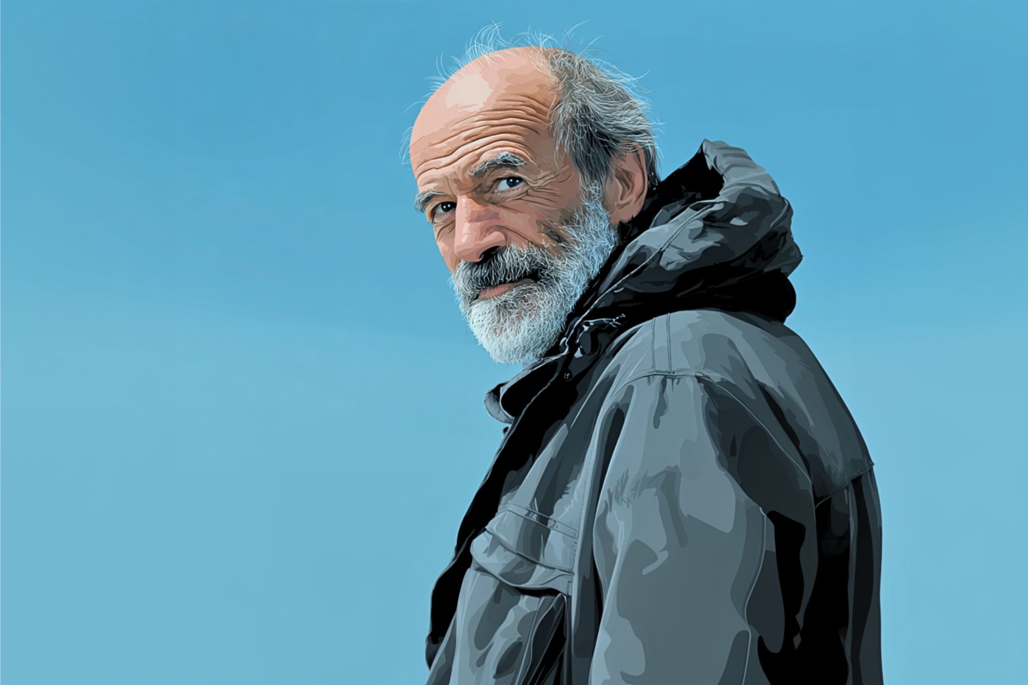 An older man with a white beard and gray hair wears a dark jacket and looks over his shoulder against a clear blue sky.