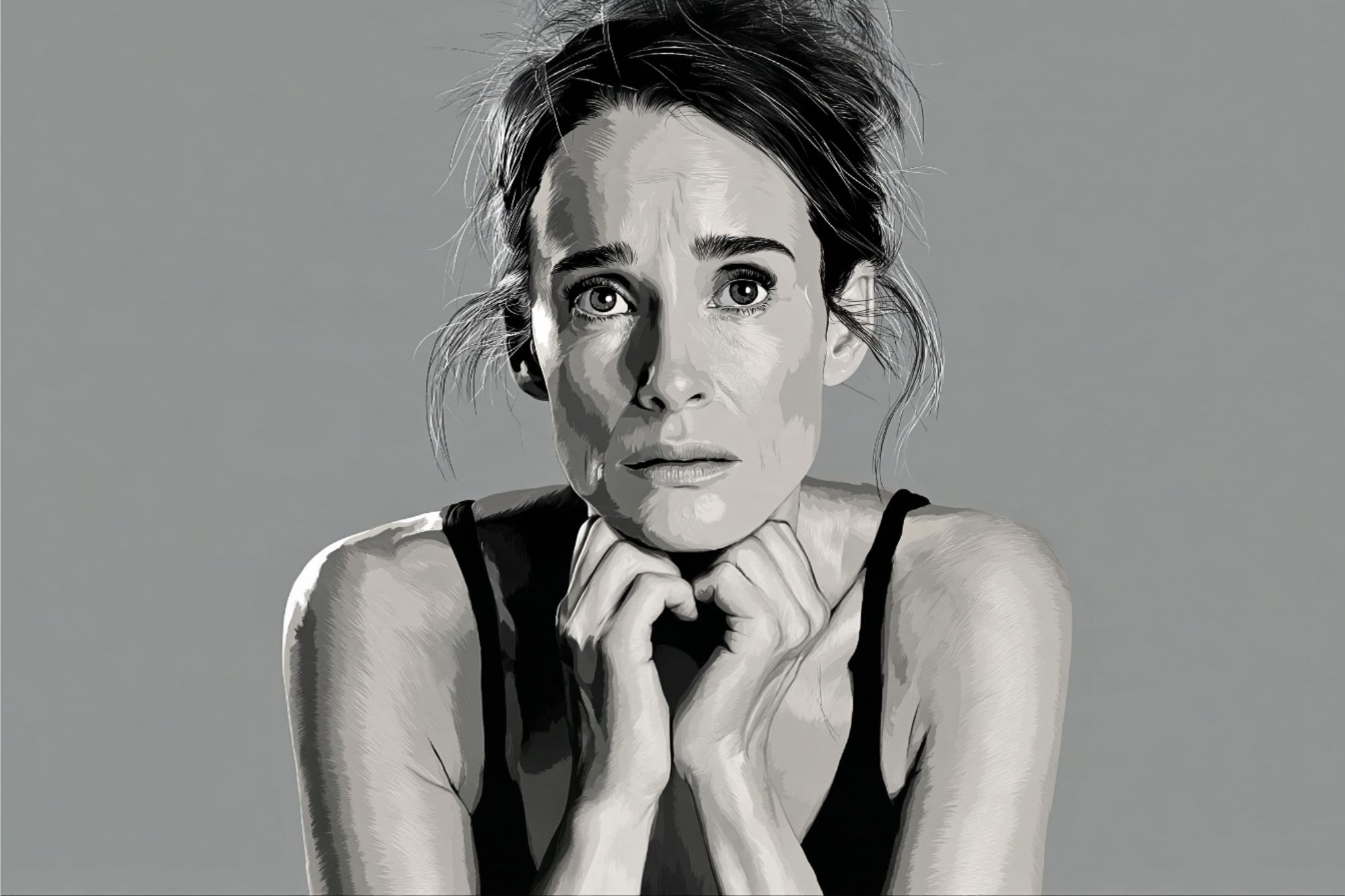 A grayscale digital illustration of a woman with a worried expression, resting her chin on her hands. She has dark hair pulled back and is wearing a sleeveless top, set against a plain gray background.