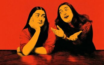 Illustration of two women with long hair, both wearing red, seated at a table. One looks bored with her head resting on her hand, while the other gestures animatedly, talking enthusiastically. Background is solid red.