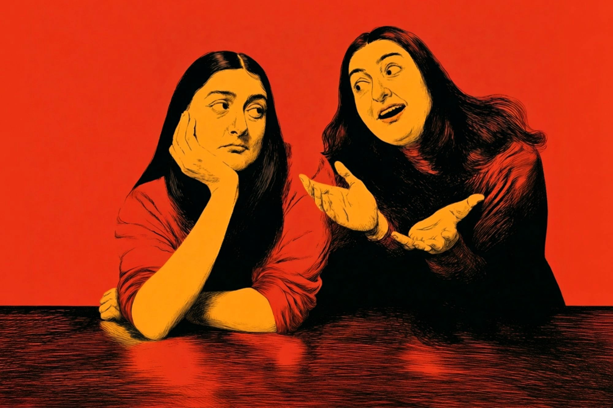 Illustration of two women with long hair, both wearing red, seated at a table. One looks bored with her head resting on her hand, while the other gestures animatedly, talking enthusiastically. Background is solid red.