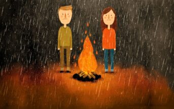 Two sad cartoon people stand in the rain beside a campfire. The background is dark, and raindrops fall heavily, creating a gloomy atmosphere despite the warm fire between them.