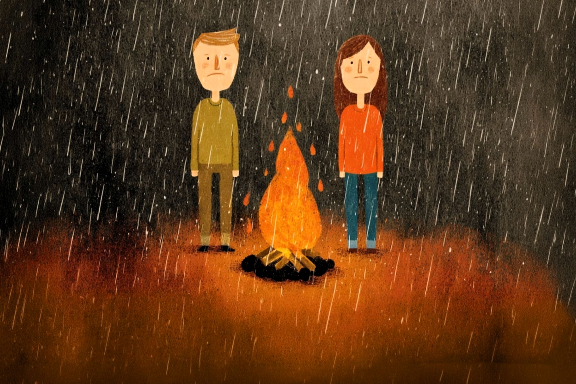 Two sad cartoon people stand in the rain beside a campfire. The background is dark, and raindrops fall heavily, creating a gloomy atmosphere despite the warm fire between them.