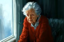 An elderly woman with white hair wearing a red sweater looks thoughtfully out of a window, light softly illuminating her face, with a somber expression.