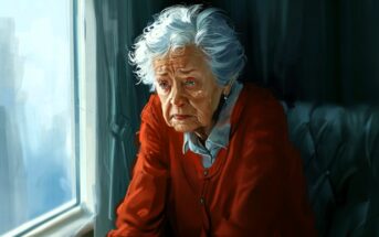An elderly woman with white hair wearing a red sweater looks thoughtfully out of a window, light softly illuminating her face, with a somber expression.