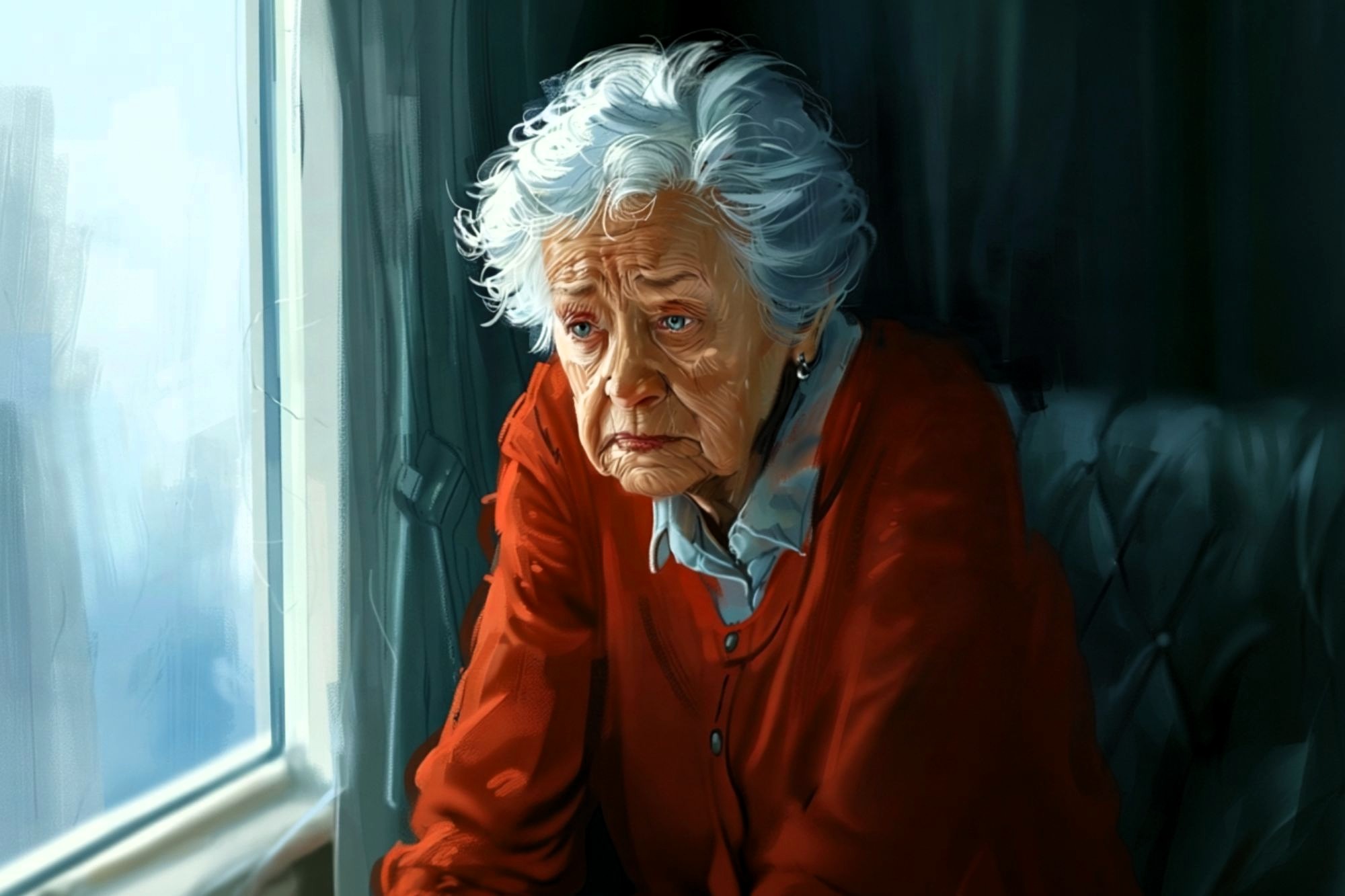 An elderly woman with white hair wearing a red sweater looks thoughtfully out of a window, light softly illuminating her face, with a somber expression.
