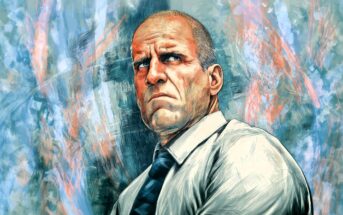 A stern, bald man in a white shirt and striped tie looks upward with a serious expression, set against an abstract, colorful painted background.