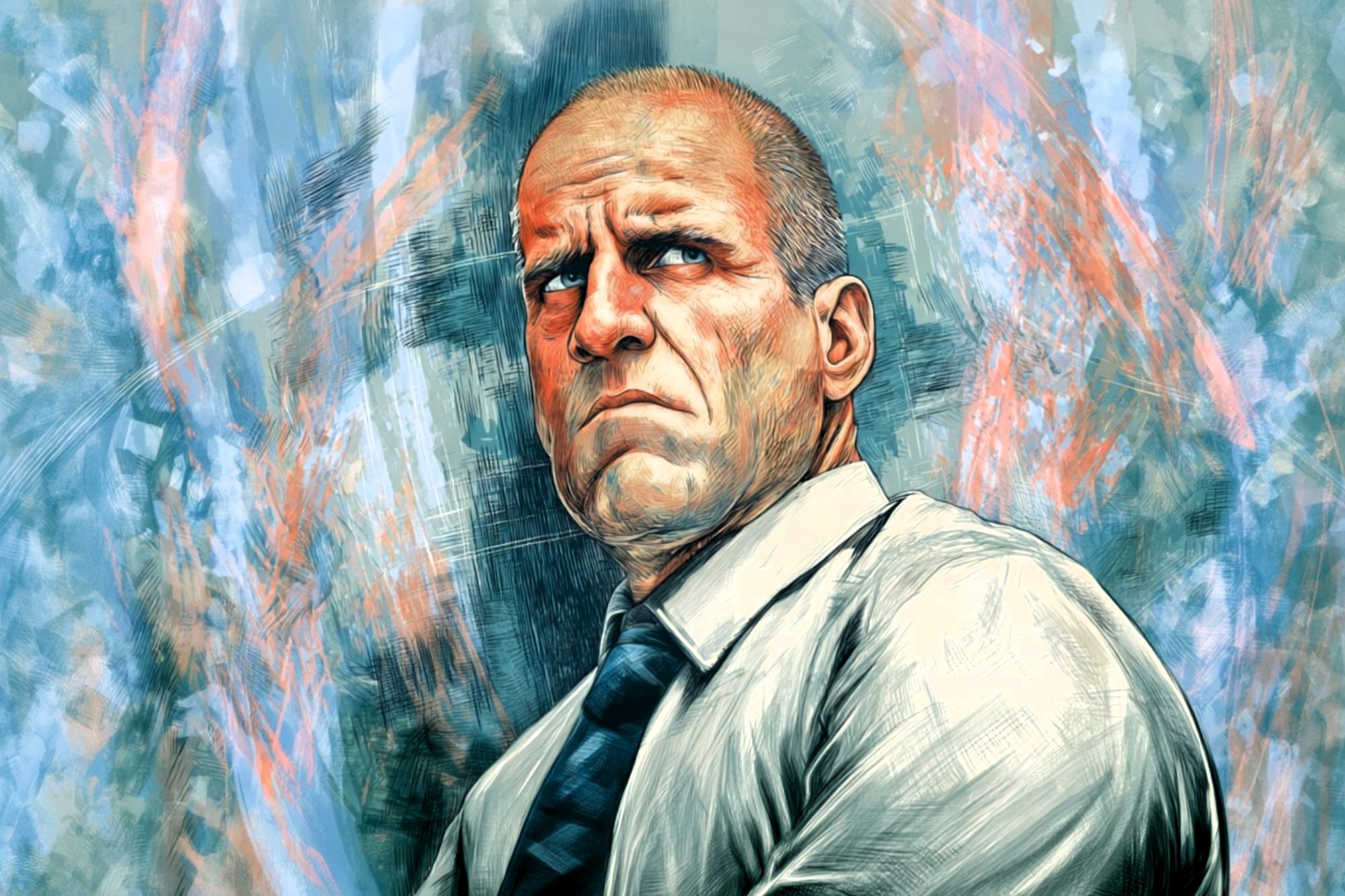 A stern, bald man in a white shirt and striped tie looks upward with a serious expression, set against an abstract, colorful painted background.