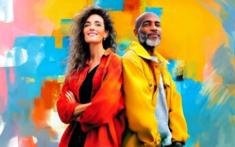 A woman and a man stand back to back, both smiling and wearing bright jackets, with a colorful abstract background in blue, yellow, and orange hues.