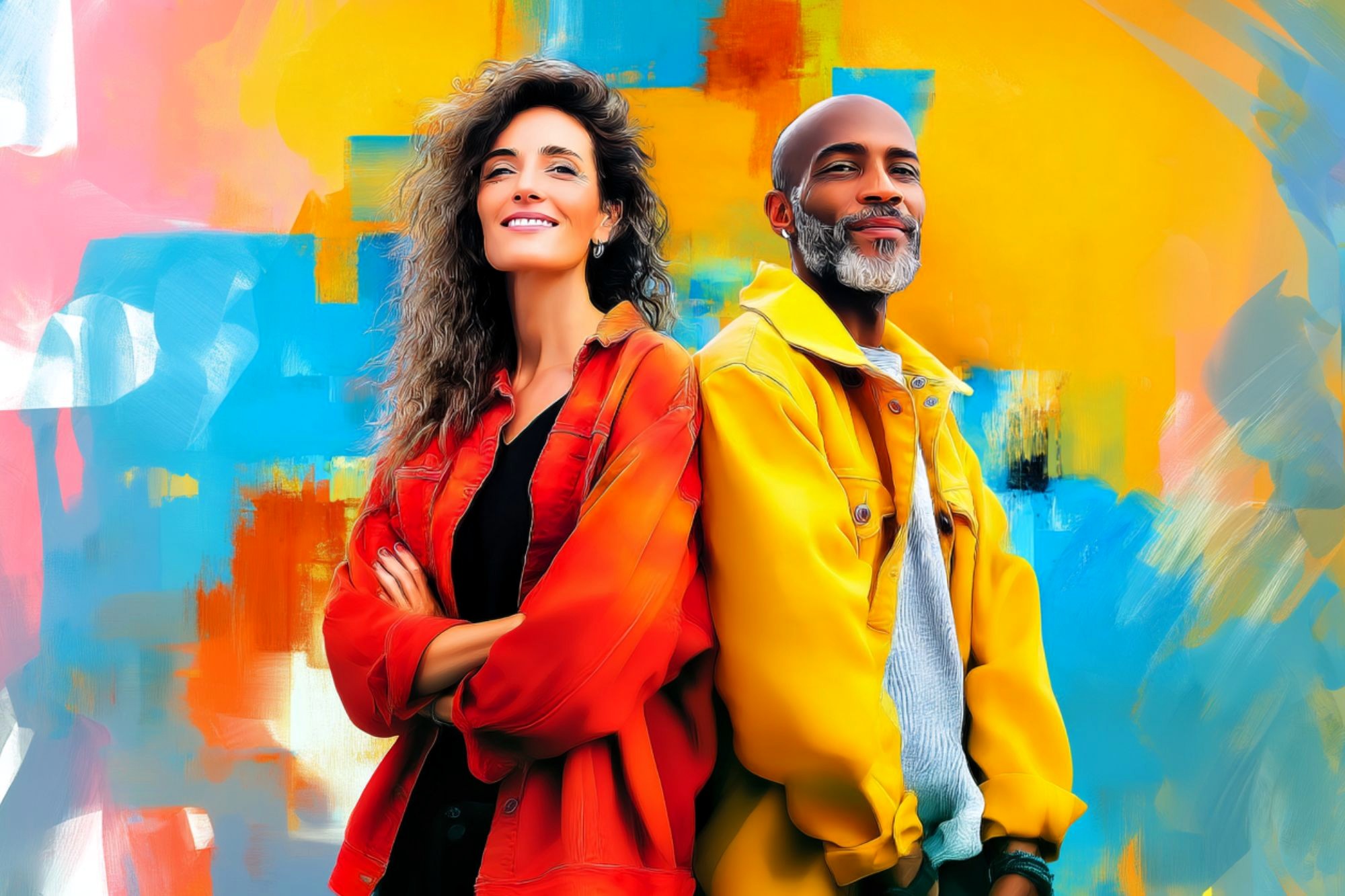 A woman and a man stand back to back, both smiling and wearing bright jackets, with a colorful abstract background in blue, yellow, and orange hues.