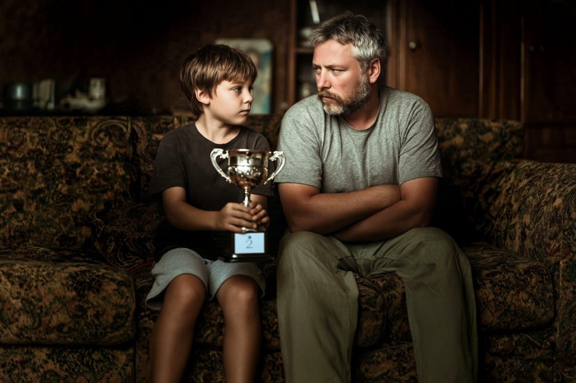 A boy holding a trophy sits on a couch next to a man with a beard. They look at each other seriously, both wearing casual clothes, in a dimly lit room.