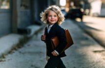 A young child with curly blonde hair, dressed in a suit and carrying a brown briefcase, walks confidently down a sunlit city street.