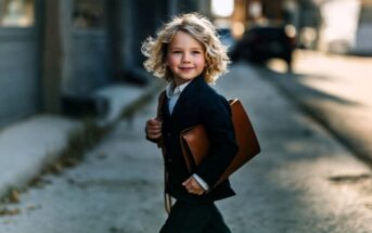 A young child with curly blonde hair, dressed in a suit and carrying a brown briefcase, walks confidently down a sunlit city street.