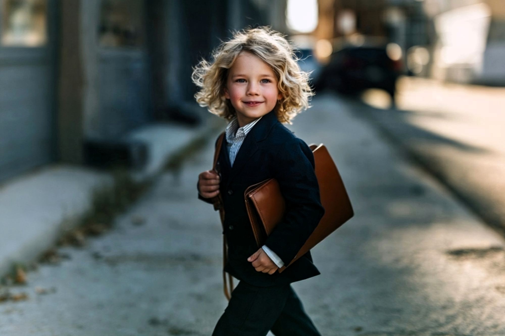 A young child with curly blonde hair, dressed in a suit and carrying a brown briefcase, walks confidently down a sunlit city street.