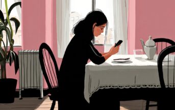 A woman sits alone at a table in a pink-walled room, looking at her phone. A teapot, cup, and plate are on the table. Sunlight streams through the window behind her.