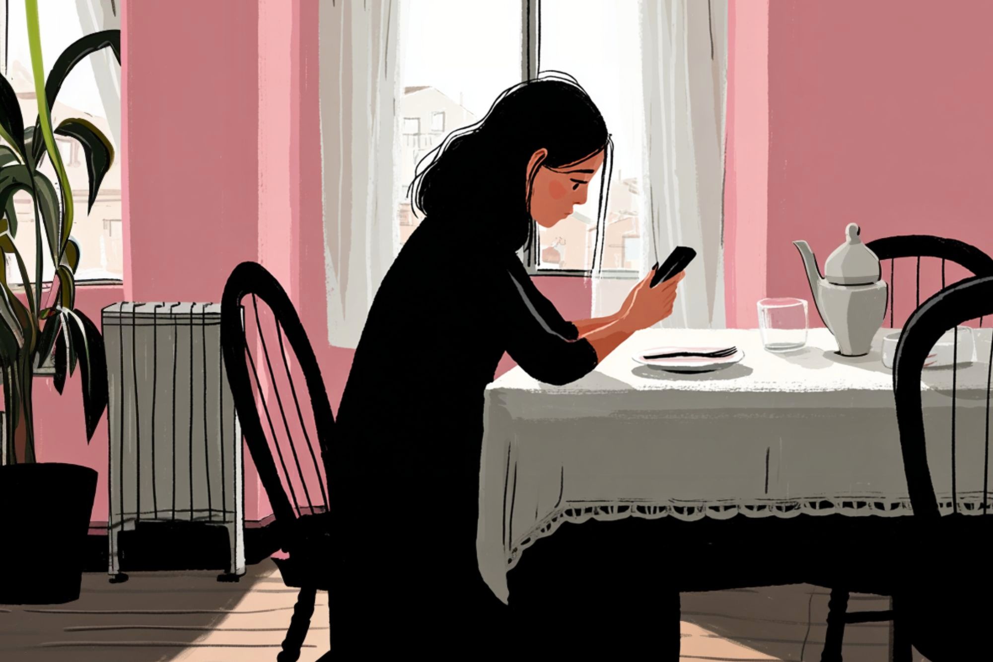 A woman sits alone at a table in a pink-walled room, looking at her phone. A teapot, cup, and plate are on the table. Sunlight streams through the window behind her.