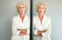 Older woman with curly gray hair in a white blouse stands with arms crossed, shown twice: on the left she looks serious, and on the right she has a gentle smile. A vertical line divides the two expressions.
