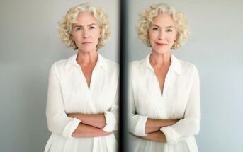 Older woman with curly gray hair in a white blouse stands with arms crossed, shown twice: on the left she looks serious, and on the right she has a gentle smile. A vertical line divides the two expressions.