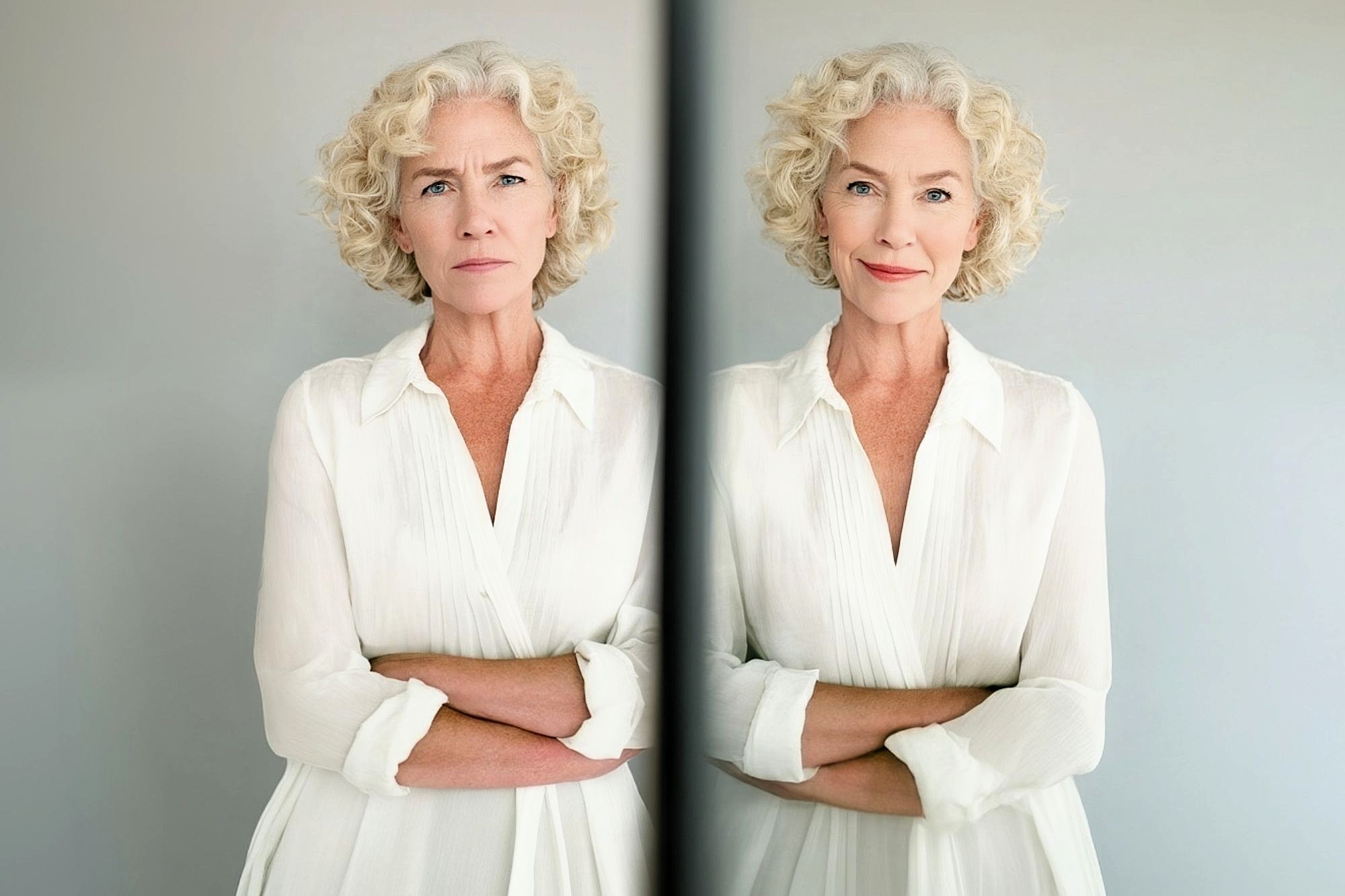 Older woman with curly gray hair in a white blouse stands with arms crossed, shown twice: on the left she looks serious, and on the right she has a gentle smile. A vertical line divides the two expressions.