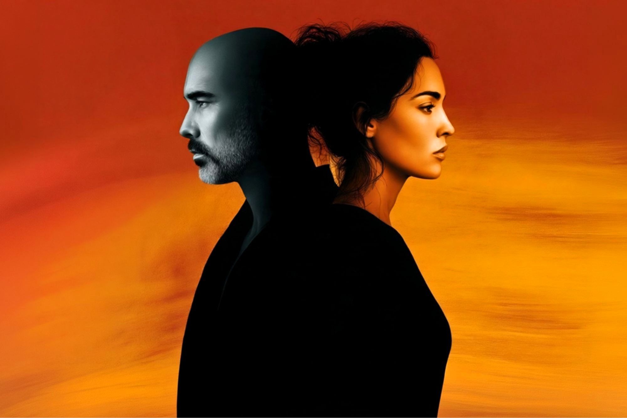 A man and woman stand back-to-back against a warm gradient background, with the man’s side in cool tones and the woman’s side in warm tones, symbolizing contrast or duality.