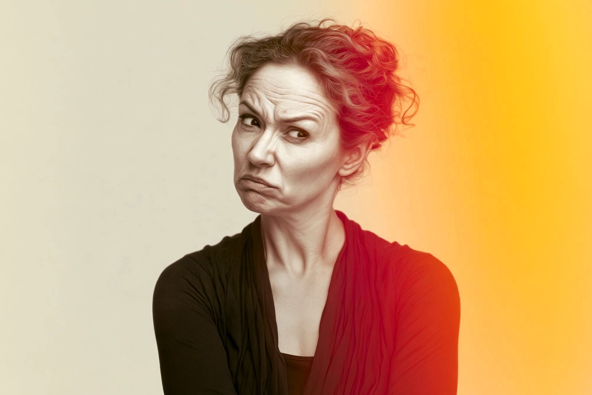A woman with curly hair makes a skeptical facial expression. She wears a dark top, stands against a beige background, and is partially lit by an orange-yellow light on the right side of the image.