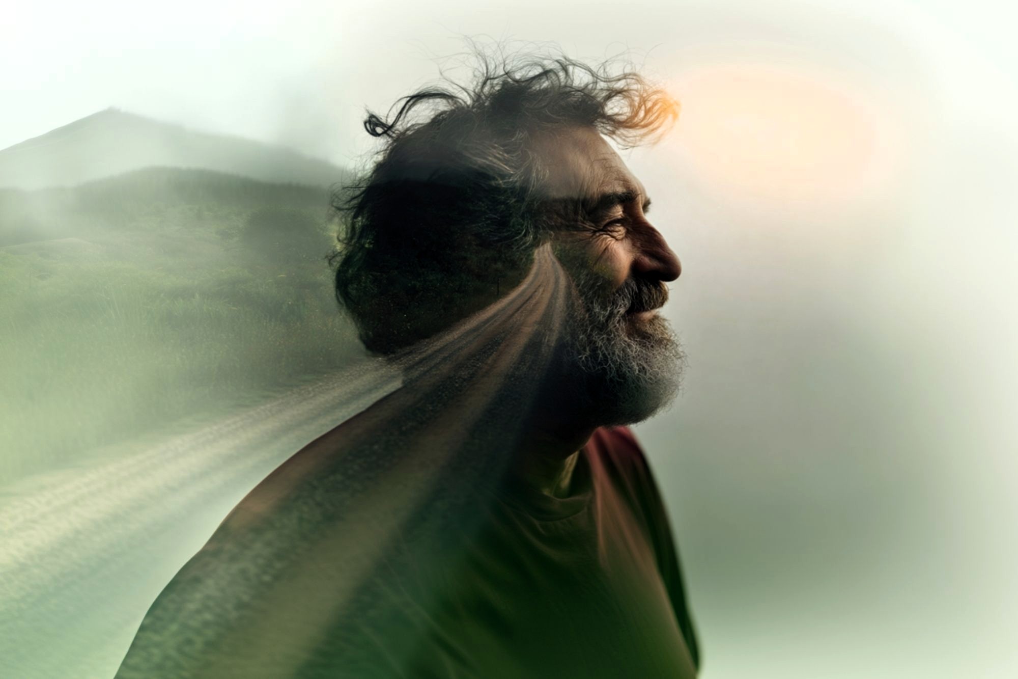 A bearded man smiling in profile, blended with an image of a rural road and landscape, creating a double exposure effect with soft, dreamy lighting.