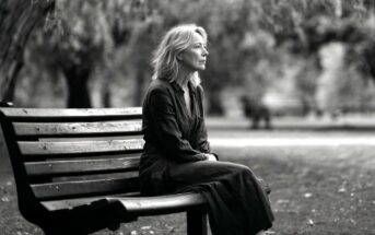 A woman with light hair sits alone on a park bench, looking thoughtful. The black-and-white photo shows trees and blurred benches in the background, suggesting a calm, quiet park setting.