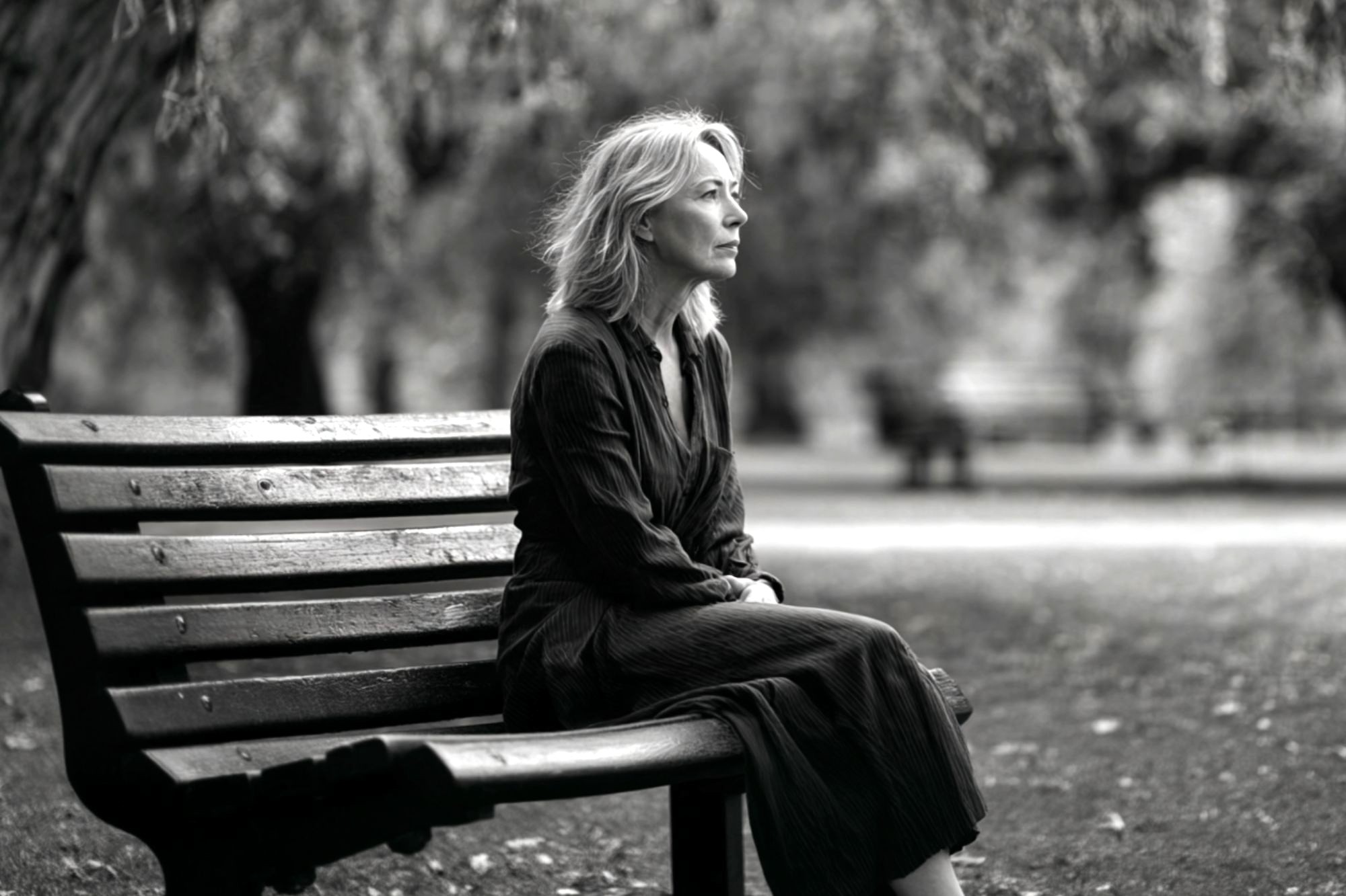 A woman with light hair sits alone on a park bench, looking thoughtful. The black-and-white photo shows trees and blurred benches in the background, suggesting a calm, quiet park setting.