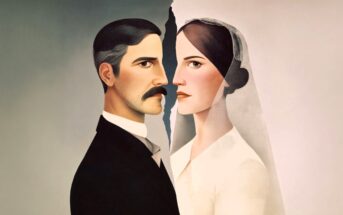 A man and woman in formal attire, split down the middle by a jagged tear, symbolizing separation or divorce. The man wears a suit and the woman a white dress with a veil.