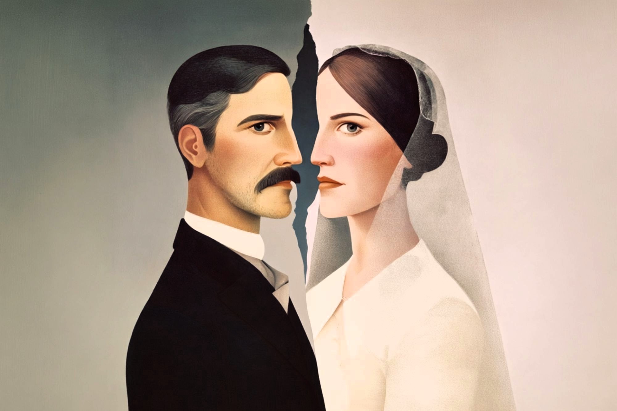 A man and woman in formal attire, split down the middle by a jagged tear, symbolizing separation or divorce. The man wears a suit and the woman a white dress with a veil.