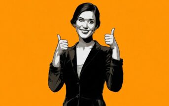 A woman in a blazer smiles and gives two thumbs up against a bright orange background.