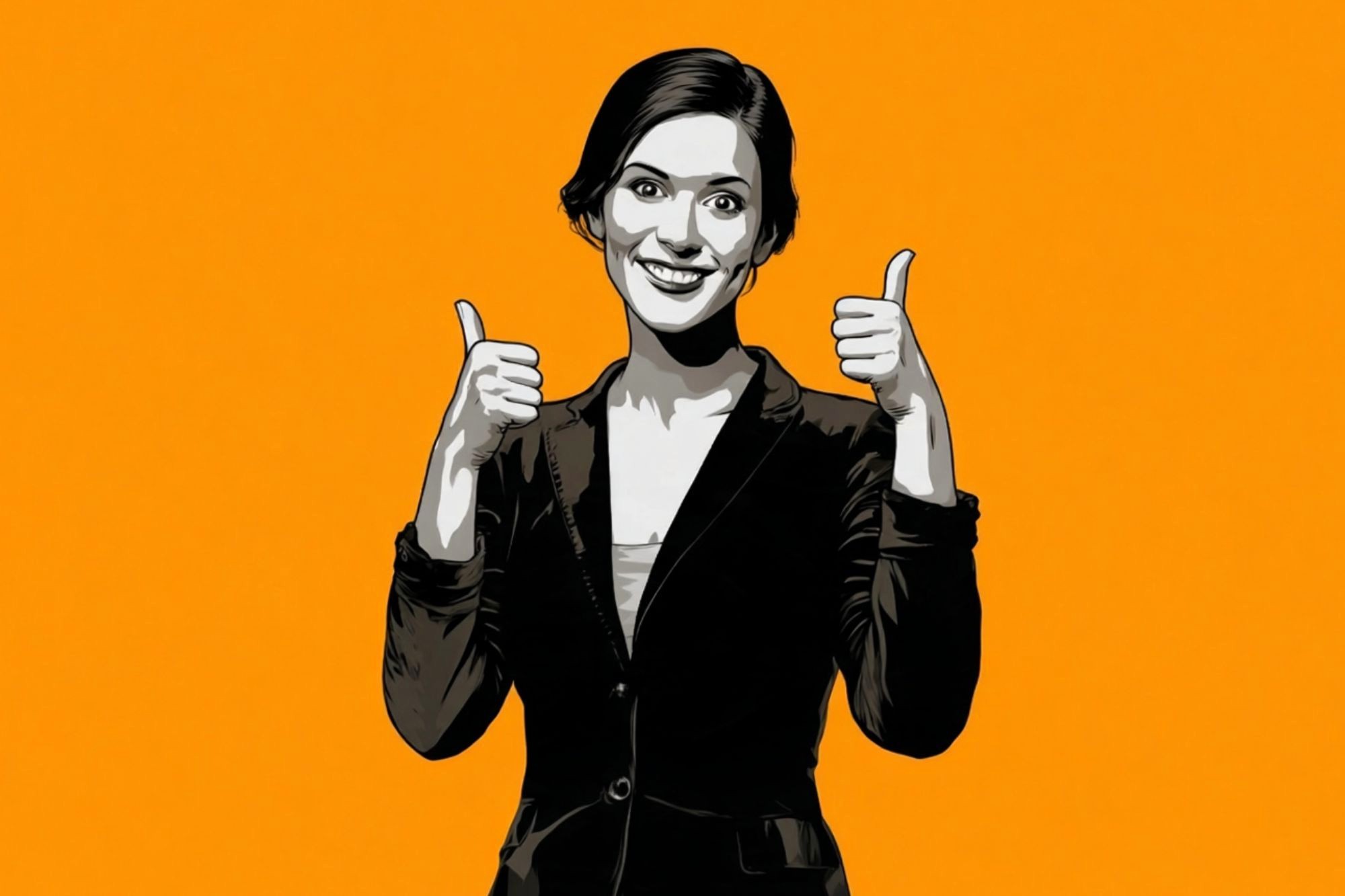 A woman in a blazer smiles and gives two thumbs up against a bright orange background.