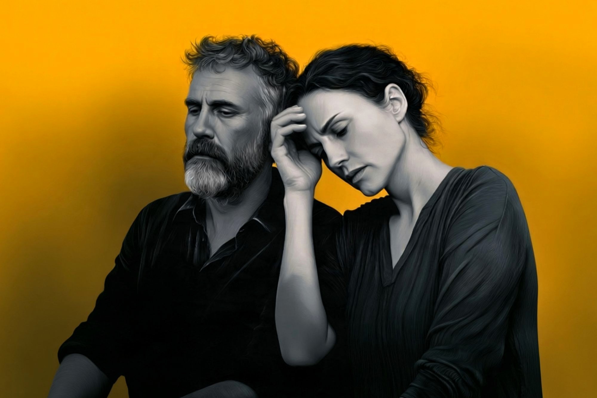A man and woman sit close together against a bright yellow background. The woman rests her head on the man’s shoulder, eyes closed, while the man looks serious and thoughtful. Both appear somber and deep in thought.