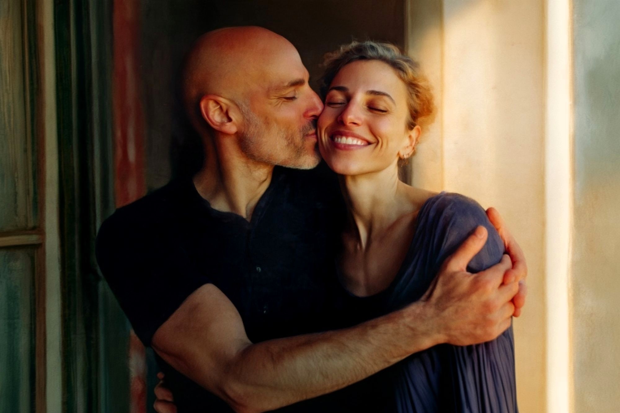 A smiling woman with curly hair is hugged and kissed on the cheek by a bald man near a sunlit window. Both appear happy and affectionate.