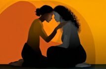 Two women sit facing each other, touching foreheads gently. One comforts the other by holding her shoulders. The background is an abstract blend of warm oranges and yellows.