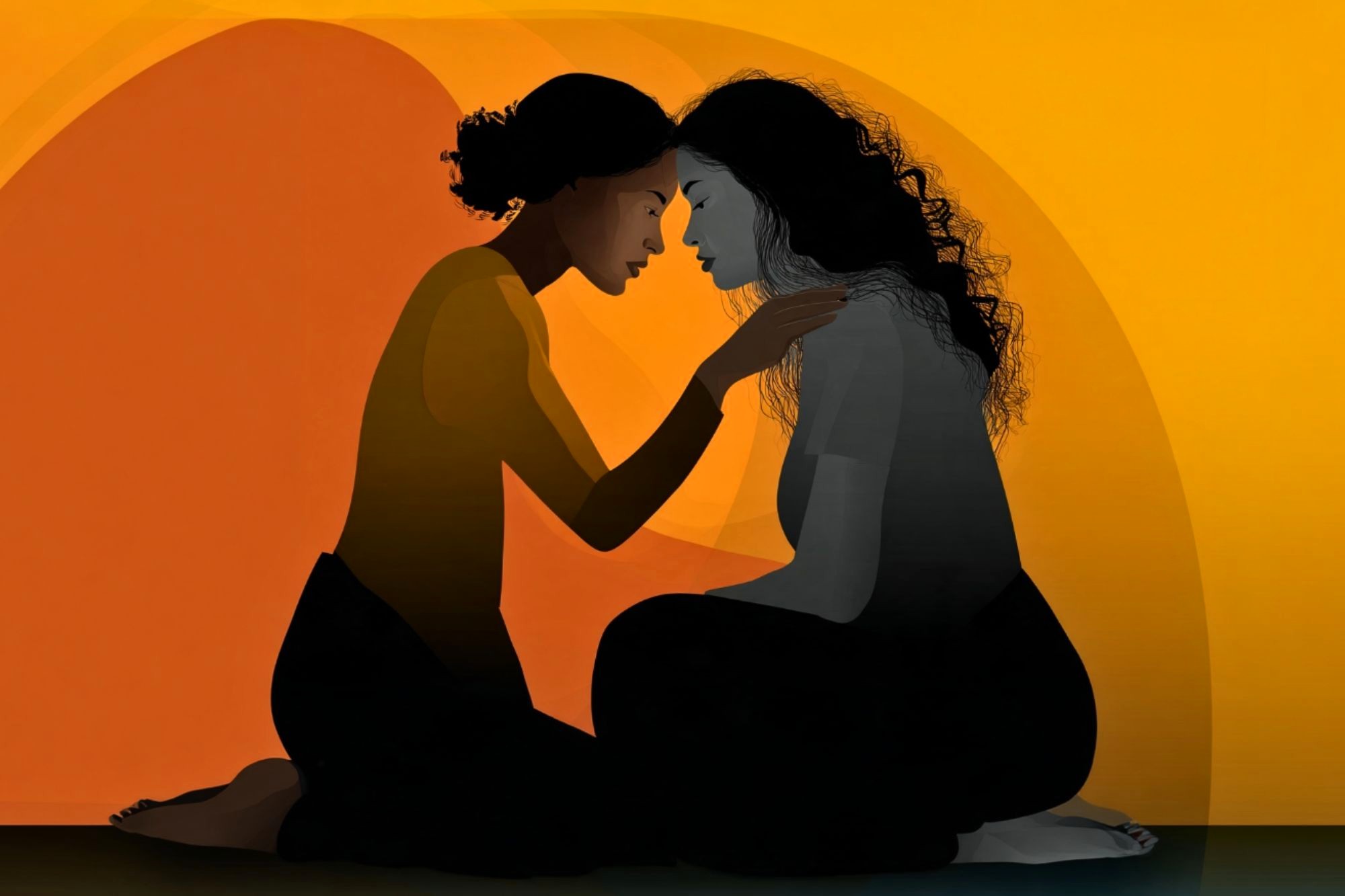 Two women sit facing each other, touching foreheads gently. One comforts the other by holding her shoulders. The background is an abstract blend of warm oranges and yellows.