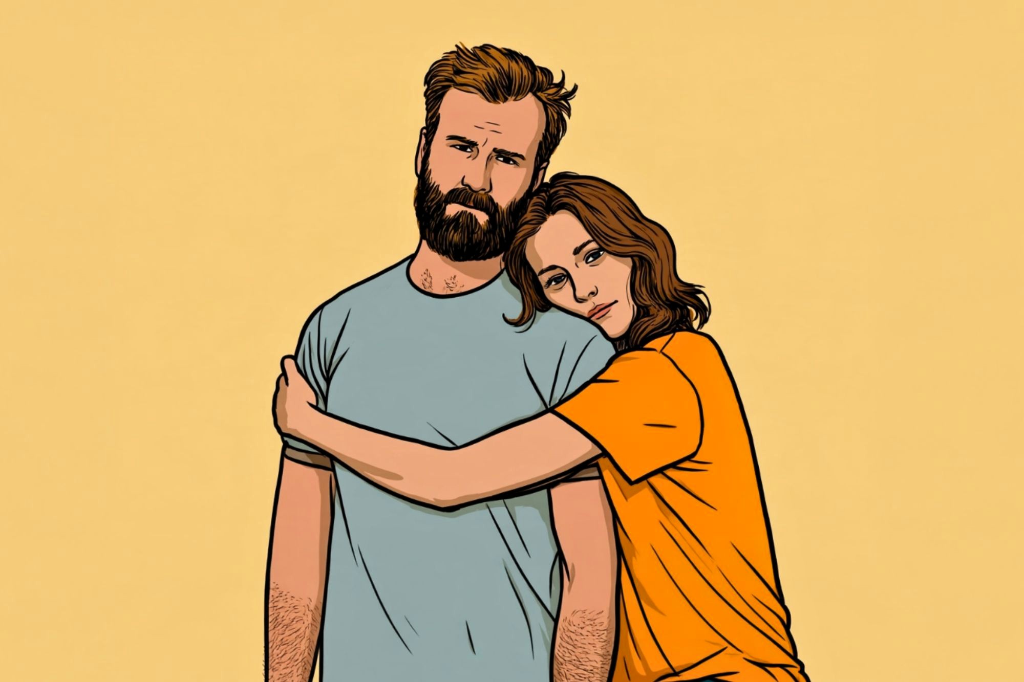 A woman in an orange shirt hugs a man in a light blue shirt from the side. The man looks serious while the woman rests her head on his shoulder. The background is a plain light yellow.