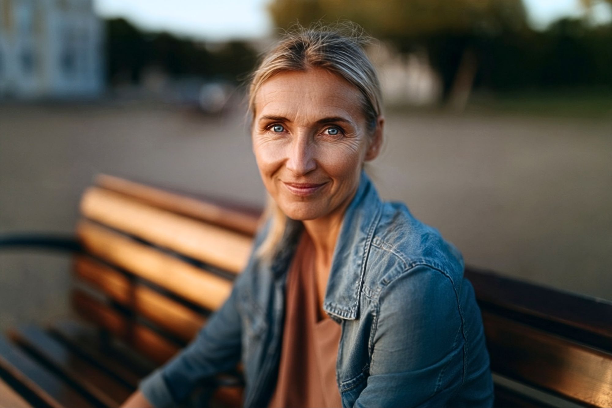 A woman with blonde hair and blue eyes sits on a wooden bench outdoors, smiling gently at the camera. She wears a denim jacket and neutral top, with a soft background of trees and buildings.