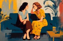 Two women sit closely on a dark blue couch, engaged in a serious conversation. One wears a yellow floral dress, the other a blue top and brown skirt. There are plants and a yellow side table nearby.