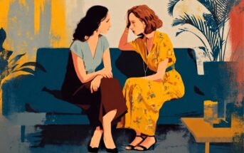 Two women sit closely on a dark blue couch, engaged in a serious conversation. One wears a yellow floral dress, the other a blue top and brown skirt. There are plants and a yellow side table nearby.