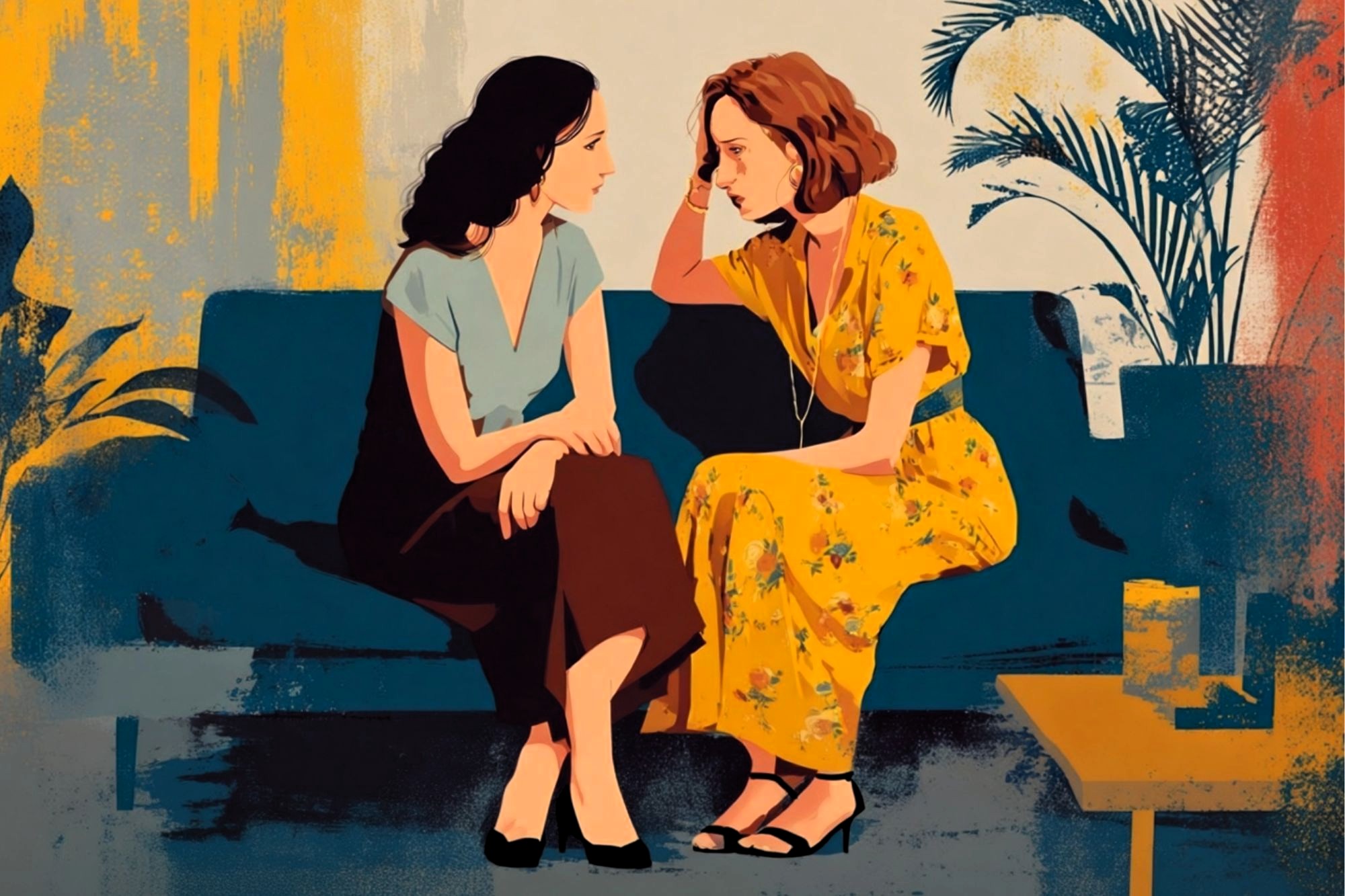 Two women sit closely on a dark blue couch, engaged in a serious conversation. One wears a yellow floral dress, the other a blue top and brown skirt. There are plants and a yellow side table nearby.