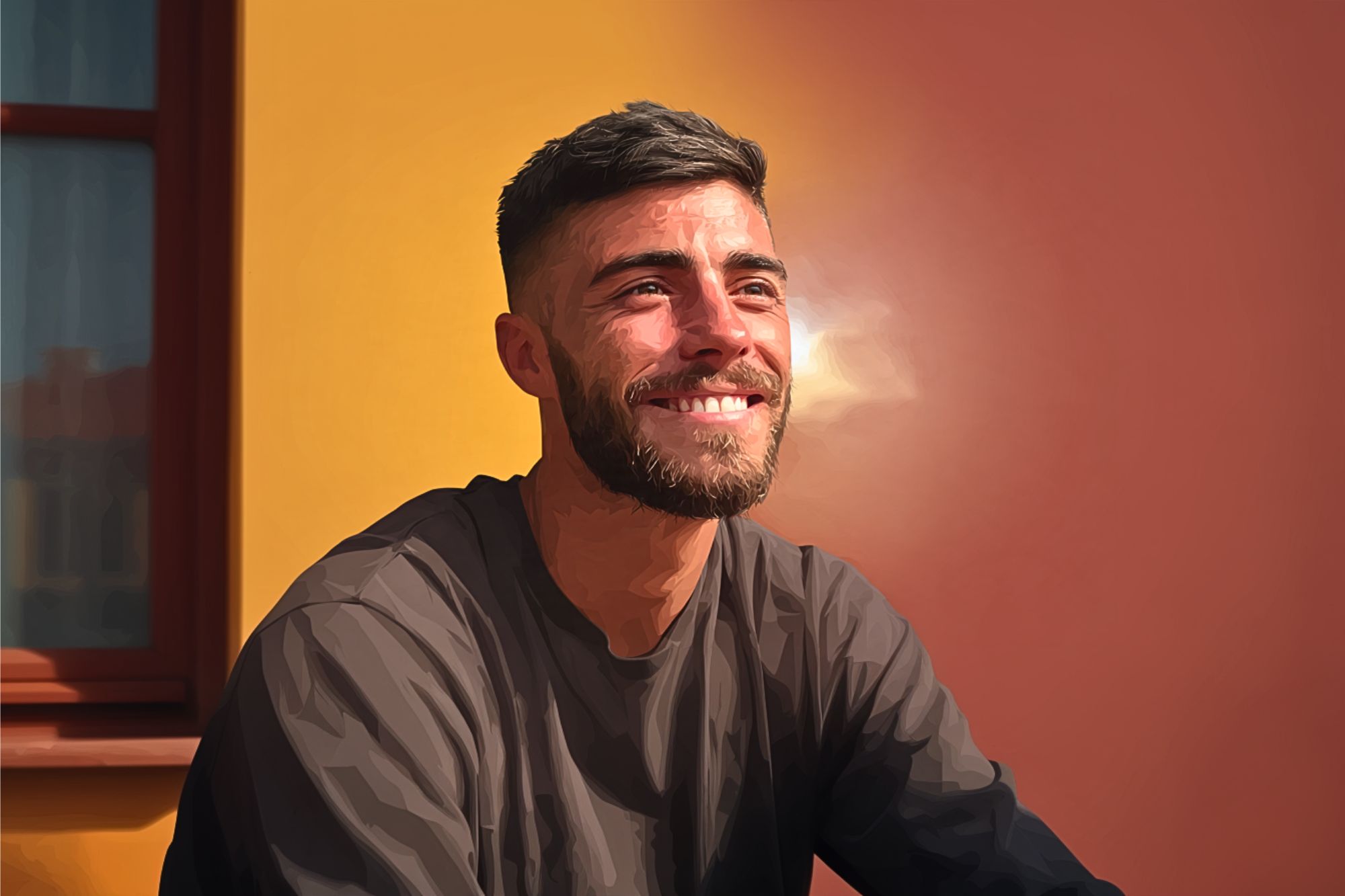 A man with short dark hair and a beard smiles while sitting in sunlight, in front of a wall that is half yellow and half reddish-brown, near a window.