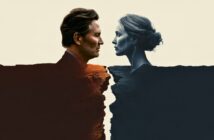 A man and a woman face each other across a deep chasm, their profiles merging with the cracked earth, symbolizing emotional distance or separation.