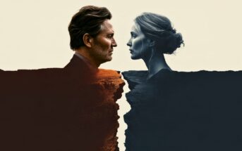 A man and a woman face each other across a deep chasm, their profiles merging with the cracked earth, symbolizing emotional distance or separation.