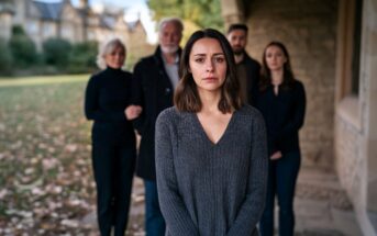 A woman stands in the foreground looking sad, while four people stand behind her outside a stone building, with autumn leaves on the ground.