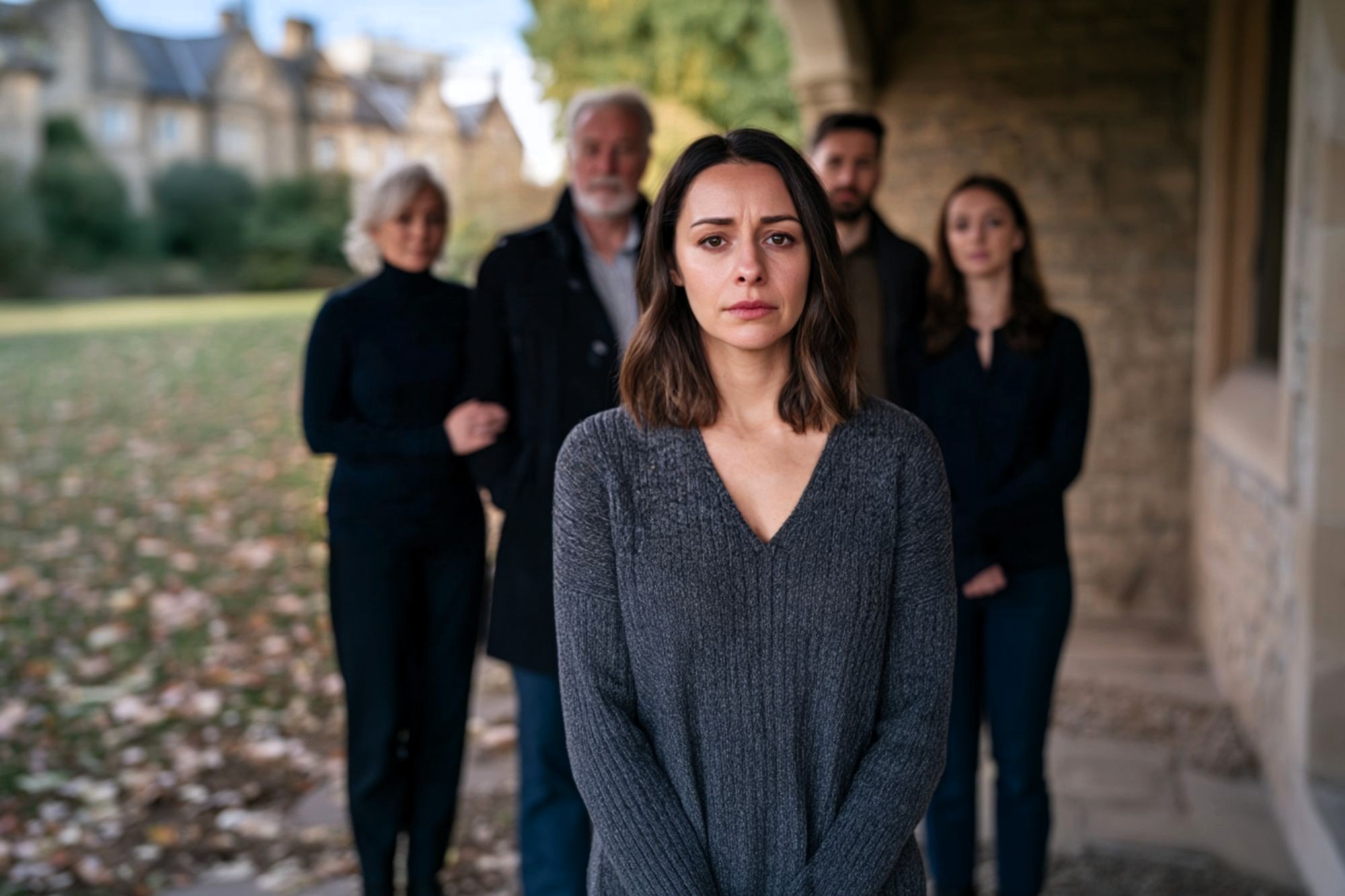 A woman stands in the foreground looking sad, while four people stand behind her outside a stone building, with autumn leaves on the ground.
