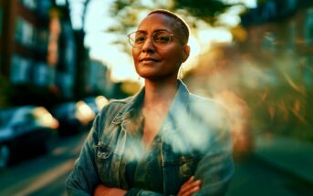 A confident woman with short hair and glasses stands outdoors in a denim jacket, arms crossed, with a soft golden sunlight and blurred trees and buildings in the background.