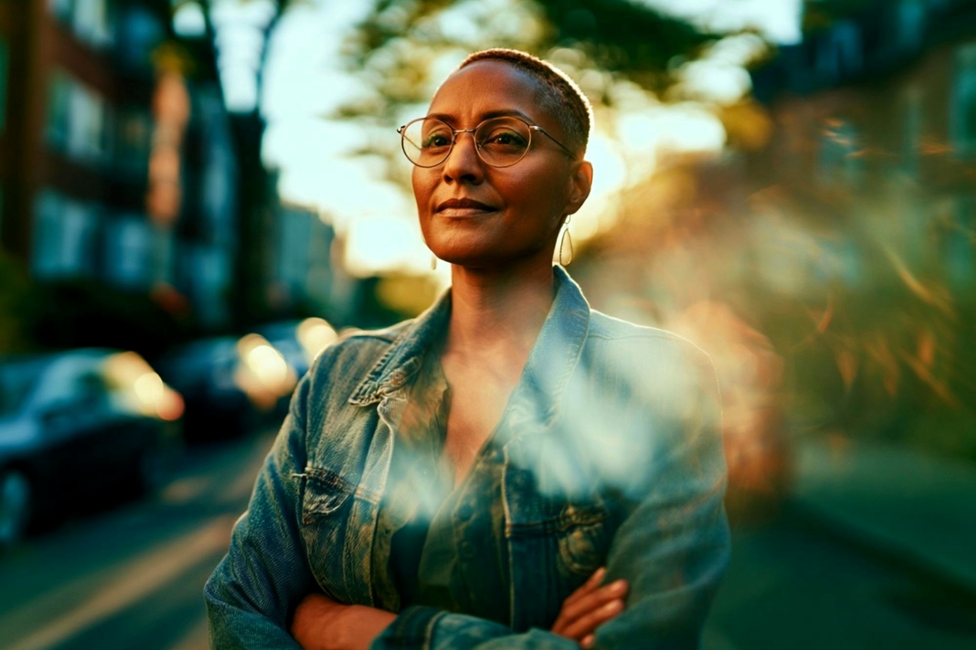 A confident woman with short hair and glasses stands outdoors in a denim jacket, arms crossed, with a soft golden sunlight and blurred trees and buildings in the background.